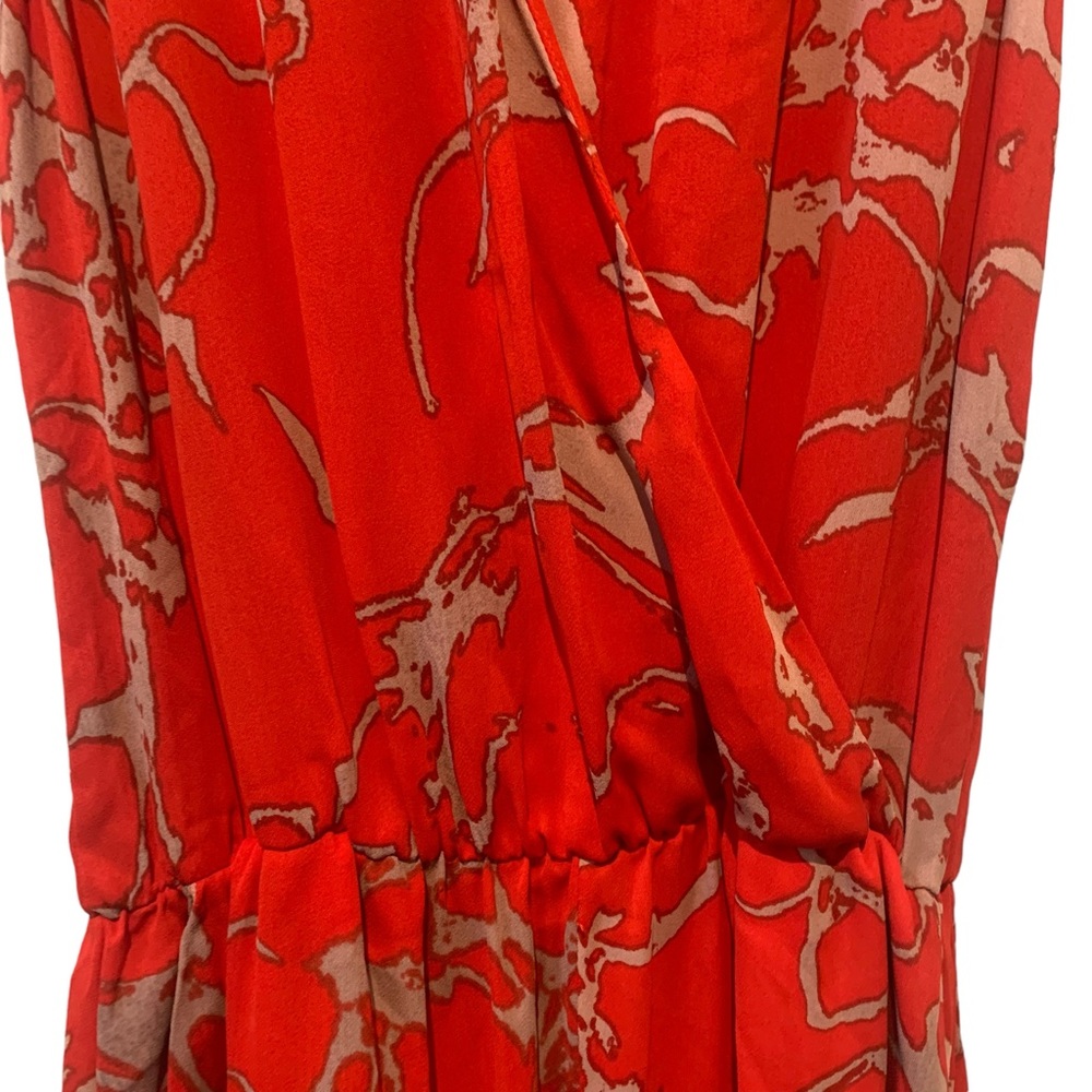 Revolve Karina Grimaldi Red Orange Jumpsuit V neck Patterned Pantsuit Style - Picture 7 of 11